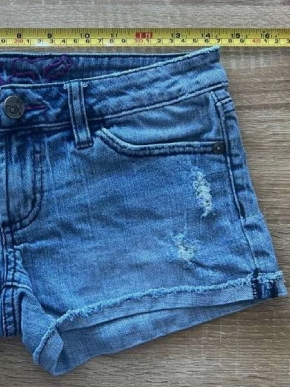 Fox Racing Distressed Denim Short Shorts Blue Stretch Size 3 Juniors - Picture 5 of 10
